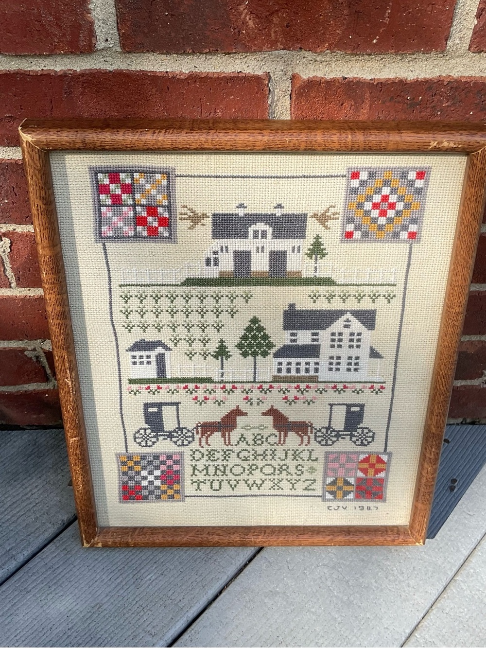 Vintage Framed Cross Stitch Folk Art Sampler Farmhouse 1987